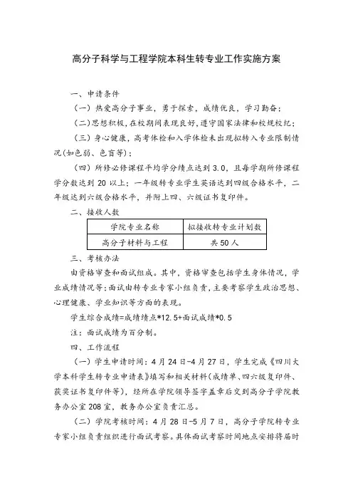四川大学高分子科学与工程学院本科生转专业工作实施方案