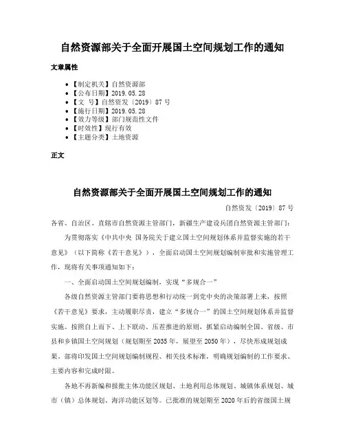 自然资源部关于全面开展国土空间规划工作的通知