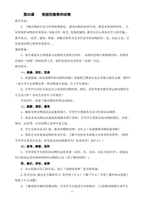 一年级上册美术 《美丽的植物和动物》教案