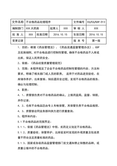 GSP操作规程-不合格药品处理程序