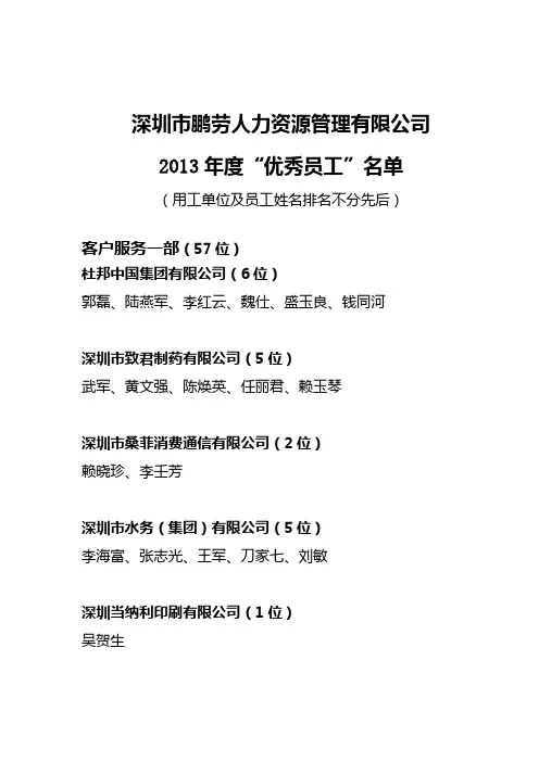 深圳地区鹏劳人力资源管理有限公司