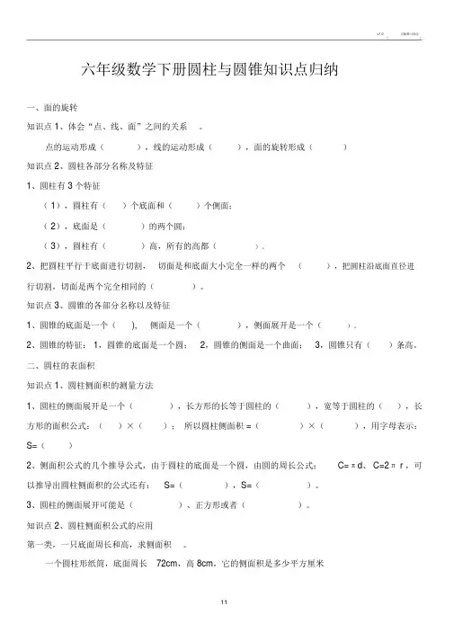 小学六年级的的数学下册的圆柱及圆锥重点学习的知识点重点学习的归纳.doc