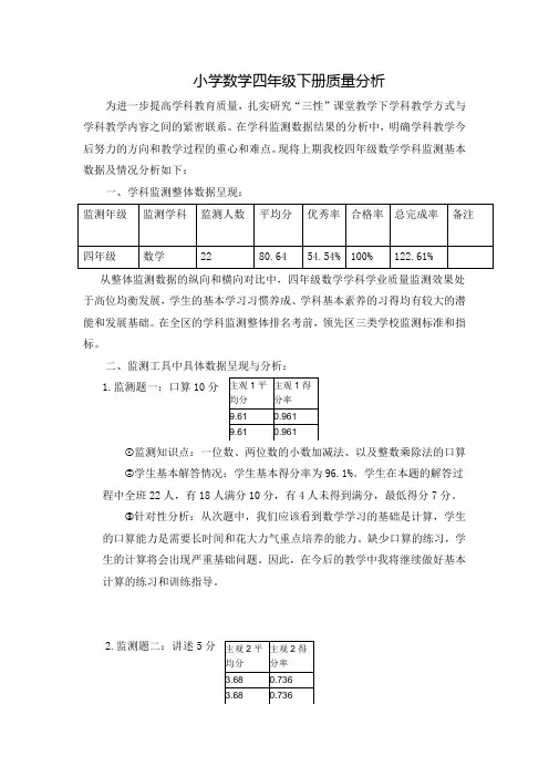 小学数学四年级下册质量分析