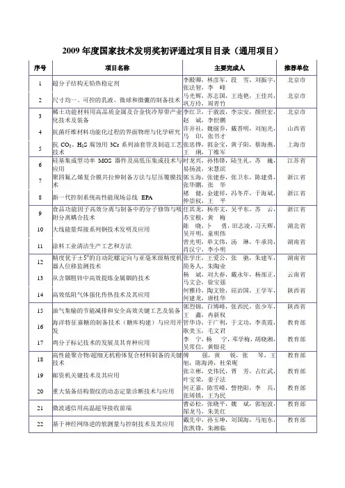 2009年度国家技术发明奖初评通过项目目录(通用项目)