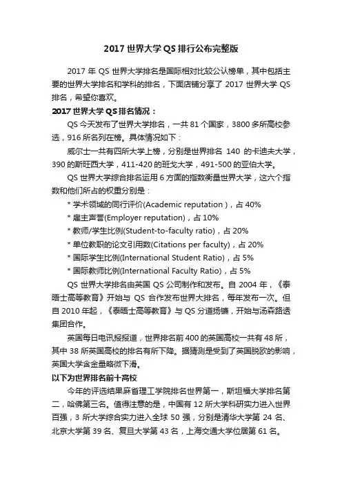 2017世界大学QS排行公布完整版