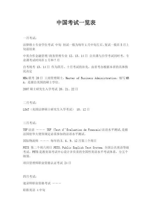 中国各种考试时间一览表