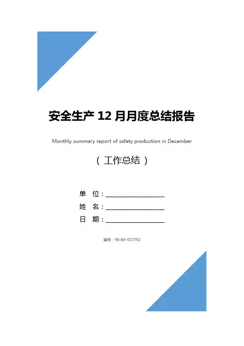 安全生产12月月度总结报告
