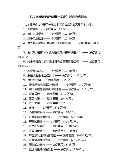 【25种重疾治疗费用一览表】看看治病到底...