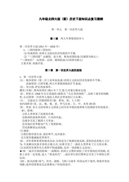 北师大版历史九年级下知识点复习提纲