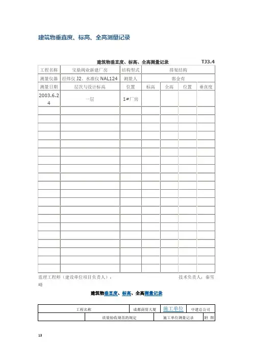 建筑物垂直度、标高、全高测量记录