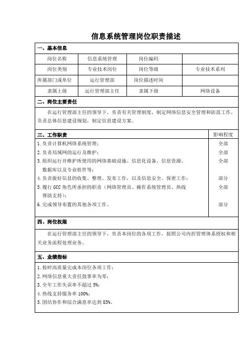 信息系统管理岗位职责描述