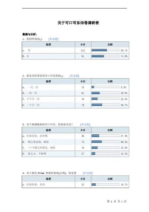 关于可口可乐问卷调研表报告