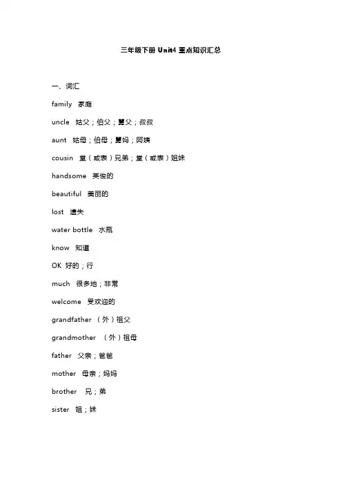 人教英语三年级下册第4单元重点知识总结