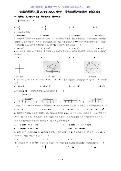 安徽合肥肥东县2019-2020学年下期九年级中考一模数学试卷(含答案)