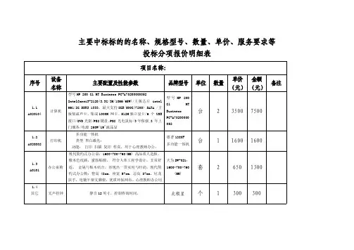 主要中标标的的名称、规格型号、数量、单价、服务要求等