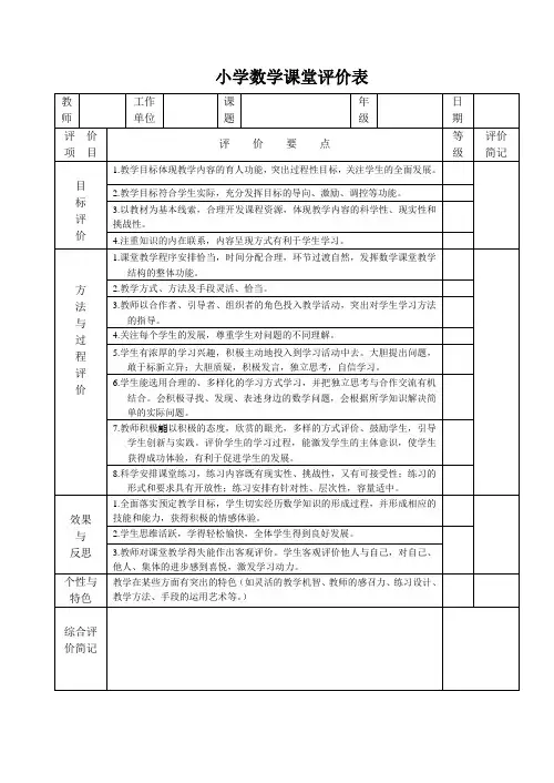 小学数学课堂评价表