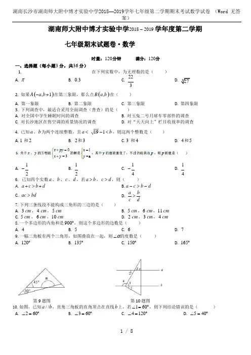 湖南长沙市湖南师大附中博才实验中学2018—2019学年七年级第二学期期末考试数学试卷 (Word 