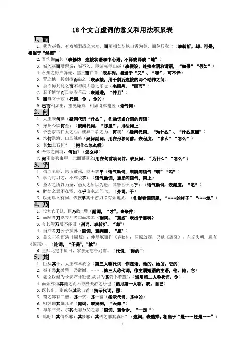 18个文言虚词用法积累表(用于背诵)