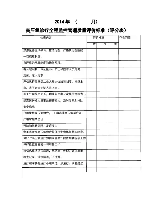 2013高压氧诊疗全程监控质量评分表
