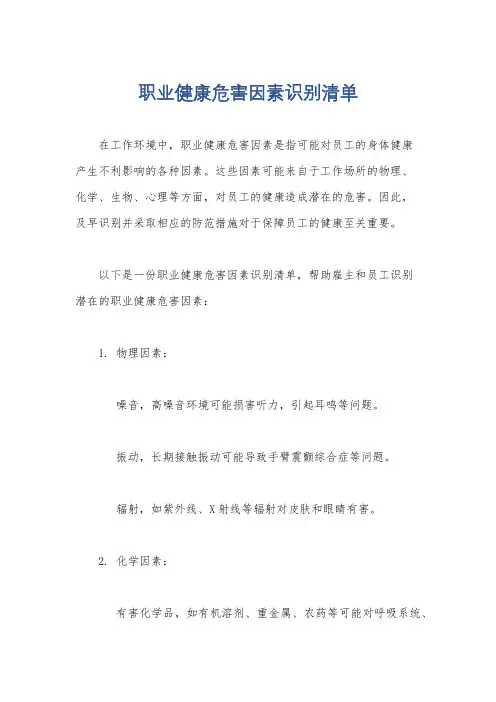 职业健康危害因素识别清单