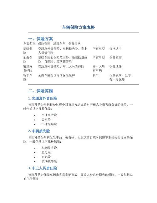 车辆保险方案表格