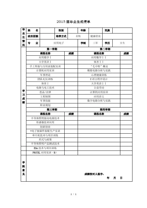 毕业生成绩单样表