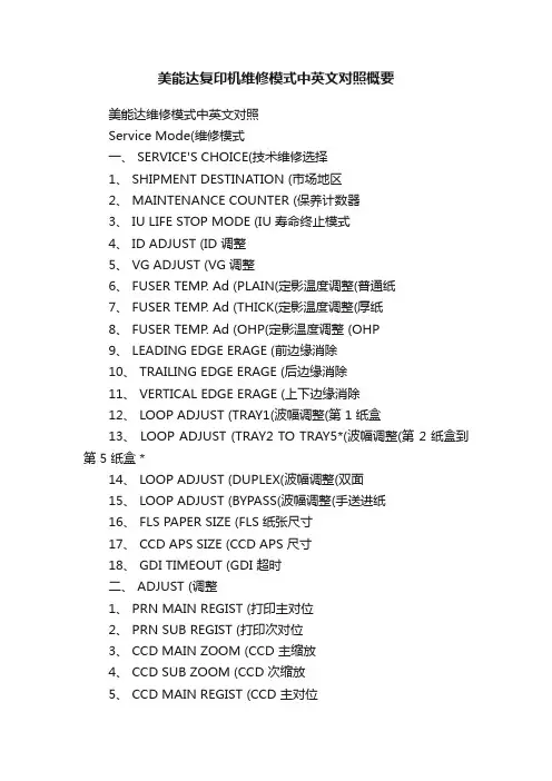 美能达复印机维修模式中英文对照概要