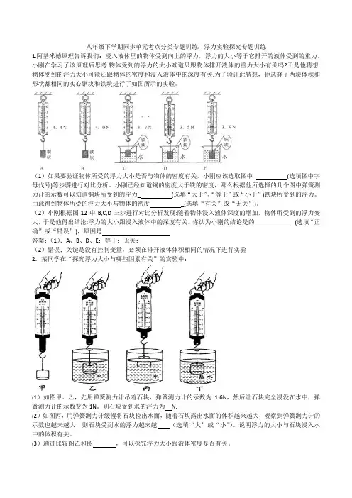 2020人教版八年级下学期同步单元考点分类专题训练：浮力实验探究