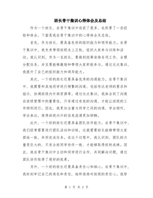 班长骨干集训心得体会及总结