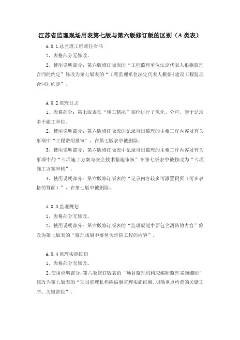 江苏省监理现场用表第七版与第六版修订版的区别(A类表)