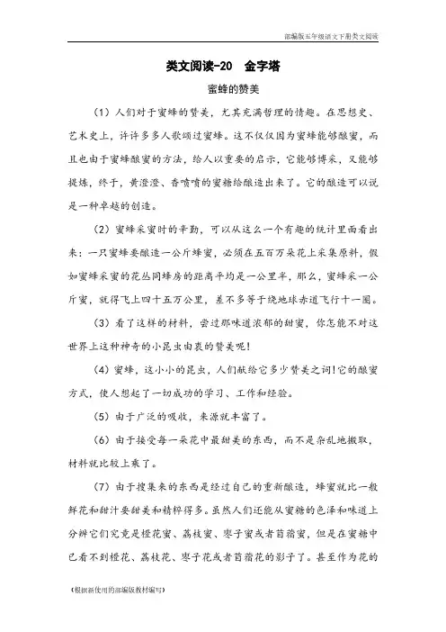 2020年部编版五年级语文下册《 金字塔》阅读理解练习题含答案