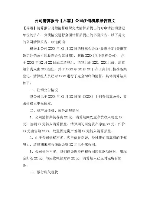 公司清算报告【六篇】公司注销清算报告范文