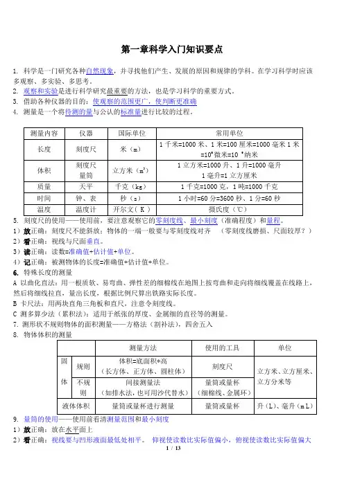 浙教版七年级科学知识点大全(完美打印版)