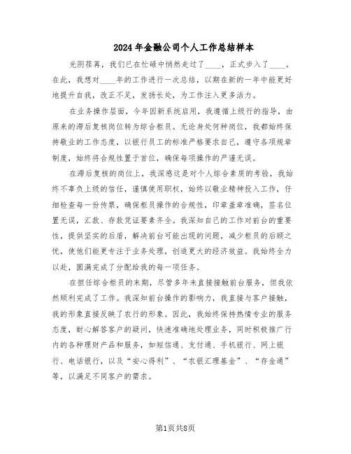 2024年金融公司个人工作总结样本（四篇）