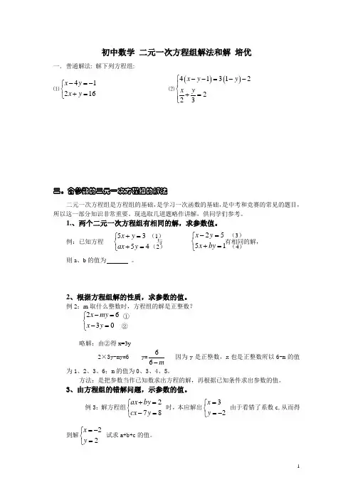 初中数学 二元一次方程组解法和解 培优
