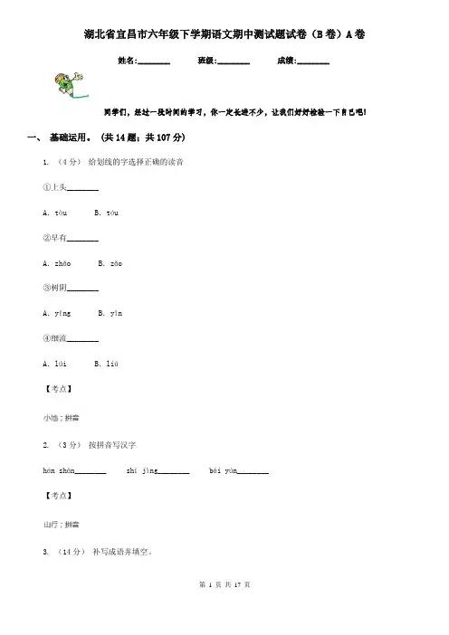 湖北省宜昌市六年级下学期语文期中测试题试卷(B卷)A卷