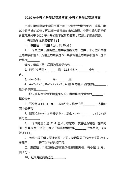 2020年小升初数学试卷及答案_小升初数学试卷及答案