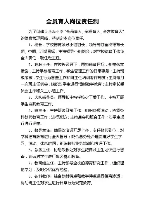 盘马埠小学全员育人岗位责任制