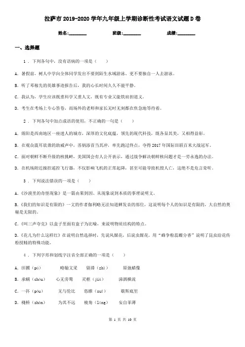 拉萨市2019-2020学年九年级上学期诊断性考试语文试题D卷