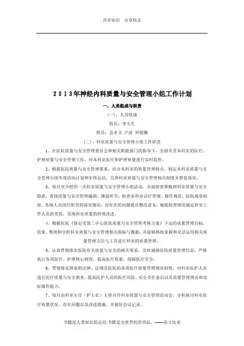 2013年神经内科科室质量与安全管理小组工作计划