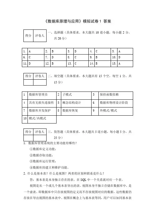 数据库原理与应用模拟试卷1答案