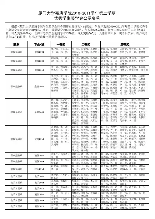 厦门大学嘉庚学院2010-2011学年第二学期优秀学生奖学金公示名单