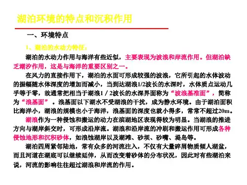 湖泊环境的特点和沉积作用 湖泊的水动力作用与海洋有些近似,主要表现为波浪和岸流作用