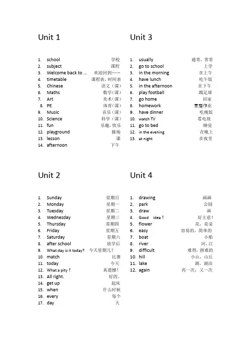 (完整版)译林版新版小学英语四年级下册单词