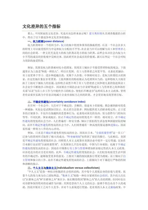 文化差异的五个指标