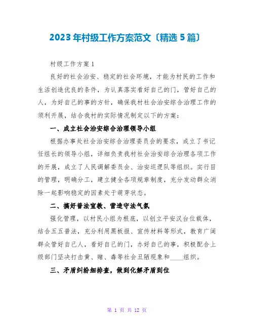 2023年村级工作计划范文(精选5篇)