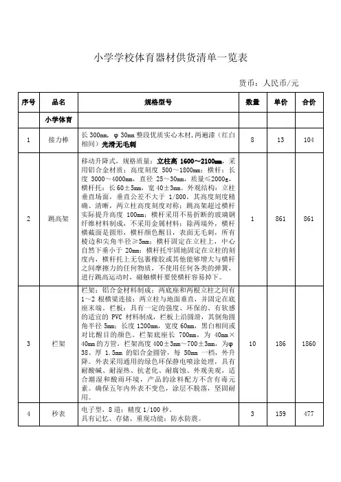 小学学校体育器材供货清单一览表全