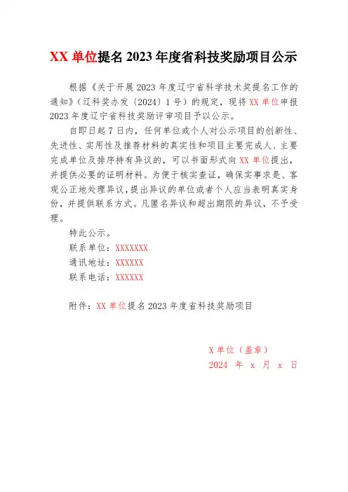 2023年度省科技奖励项目公示模板