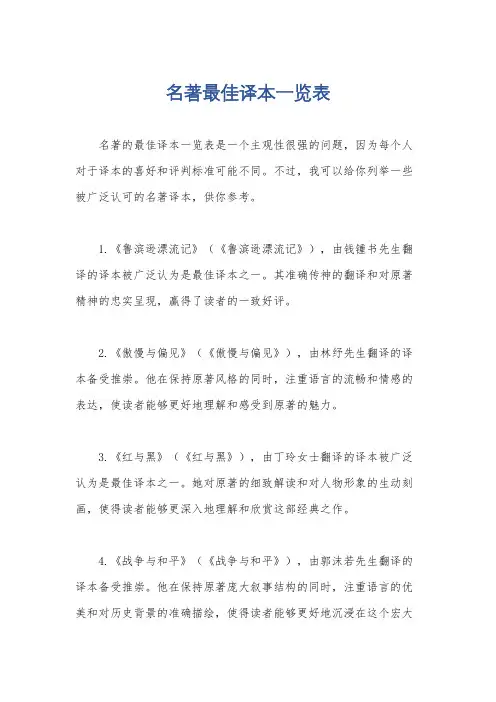 名著最佳译本一览表