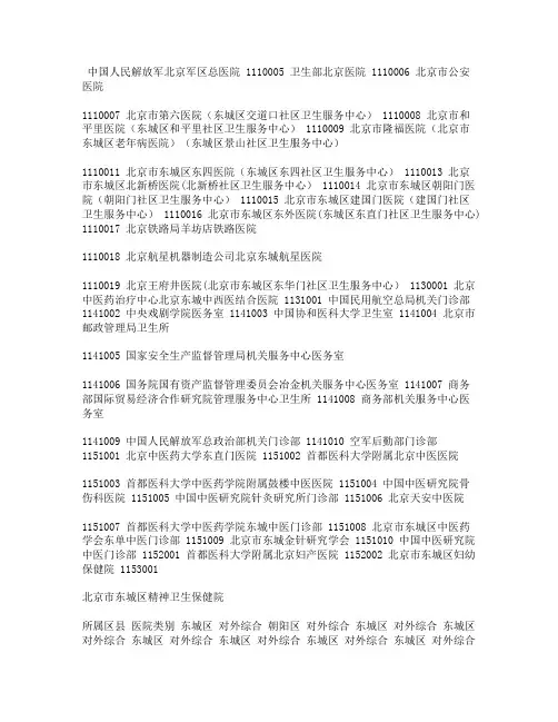 北京社保医院编码及等级